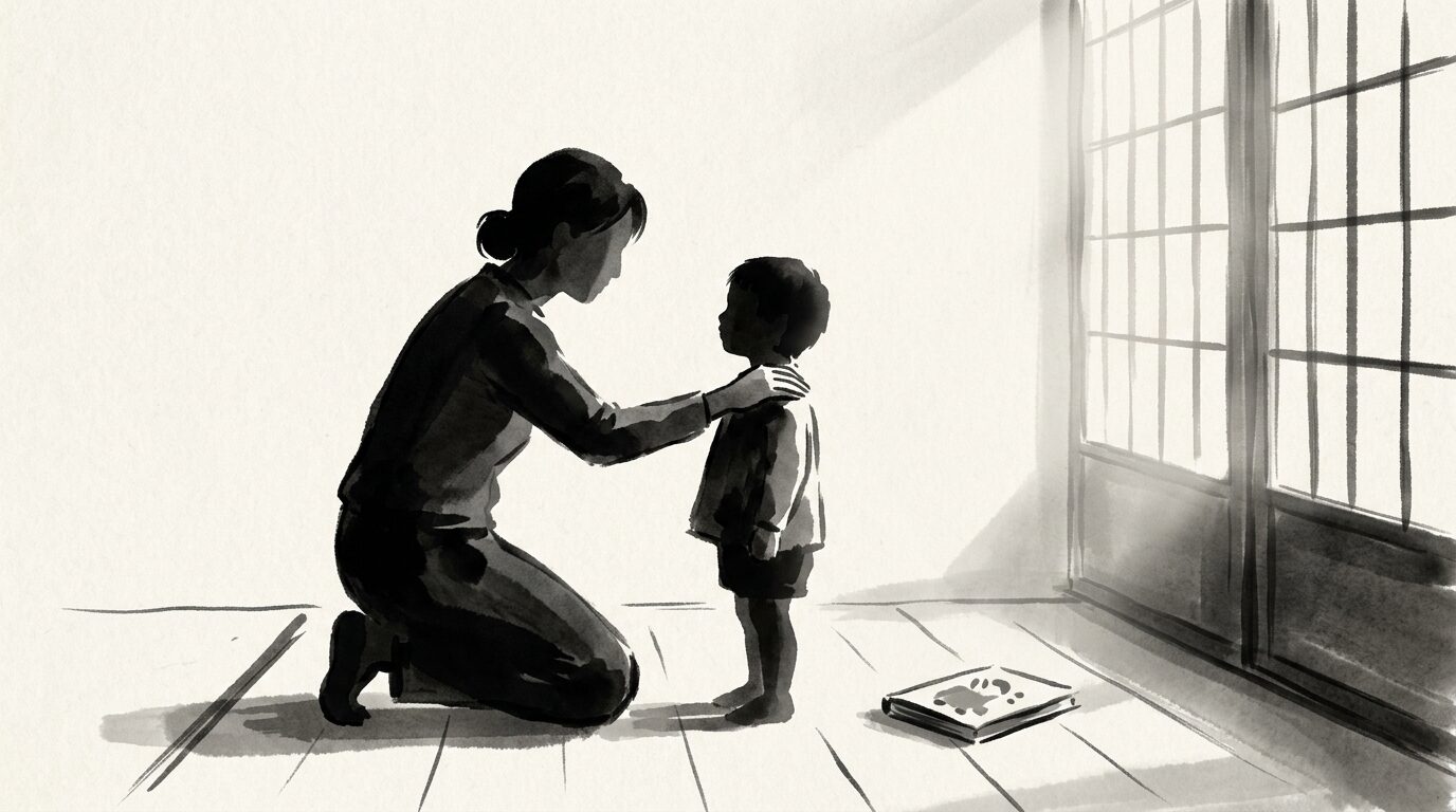 認定こども園での保育者が、子どもの目線にしゃがんで穏やかに話しかける場面。譲らずに諭す、観た上で諭すというテーマを表現。