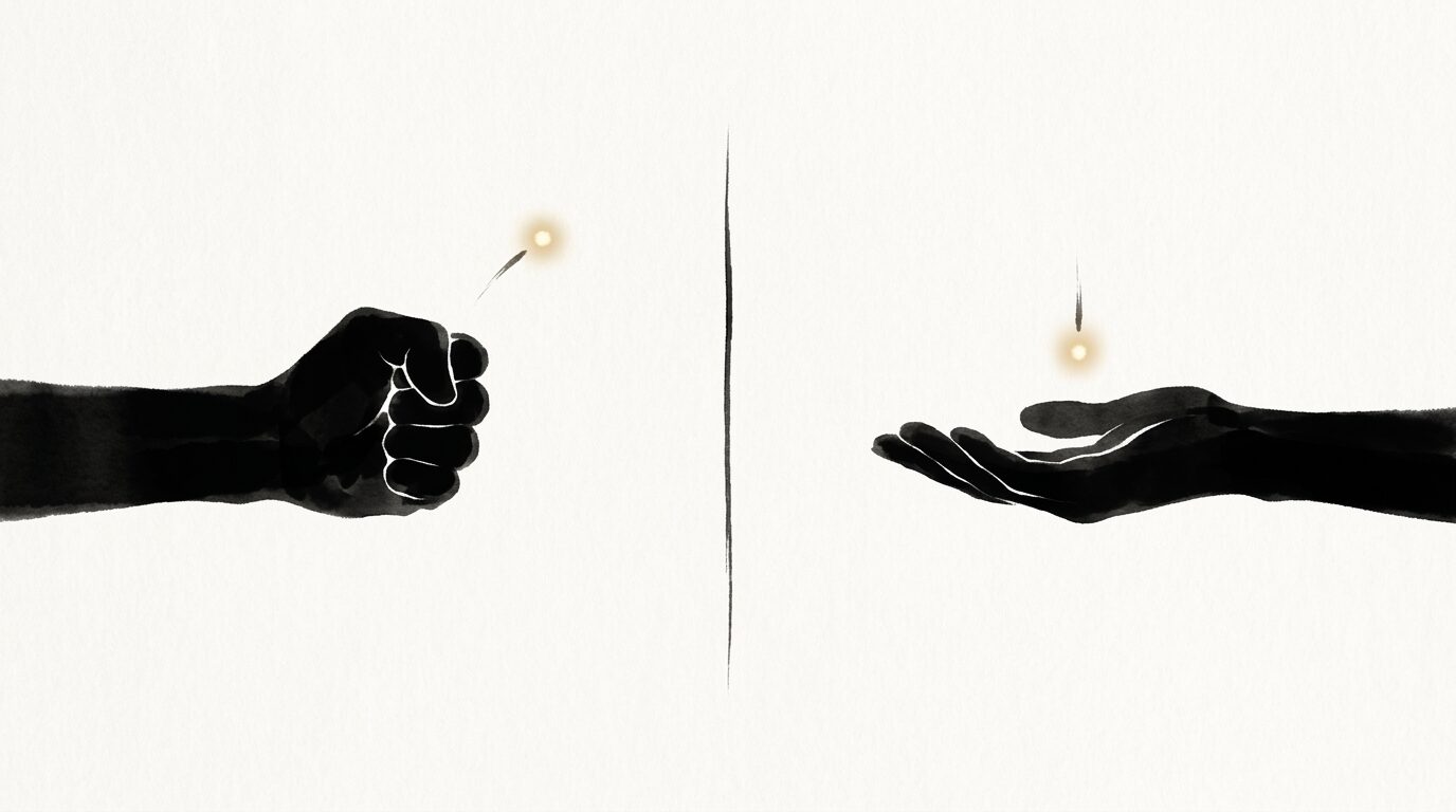 「掴むと逃げる、開くと寄ってくる」眠りの性質を一対の手で表現。左に握った手と離れていく光、右に開いた手のひらと舞い降りる光。