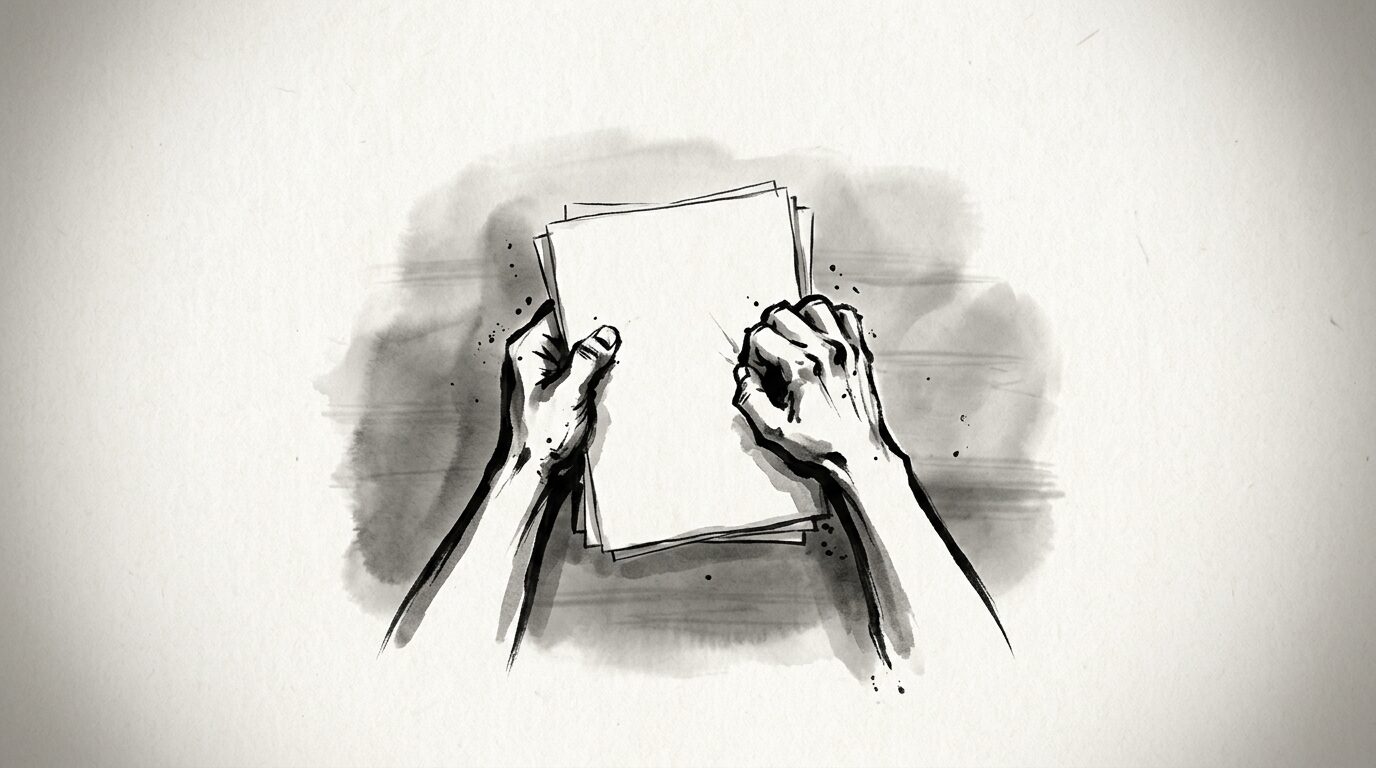 紙束(ランキング表のような書類)を、両手でぎゅっと握りしめている手元の俯瞰。背景はオフィスの机ではなく、ややぼかした抽象的な構図。手の力みと『握りしめている』感を象徴。