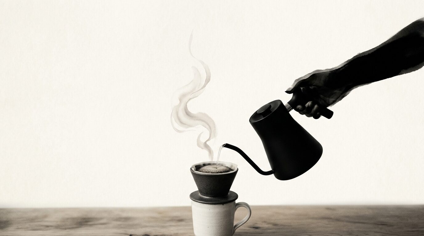 朝、台所でドリップコーヒーを淹れている手元。湯気が立ち上り、豆の香りを象徴する余白。『30秒、目の前のひとつのこと』のミニマルな構図。