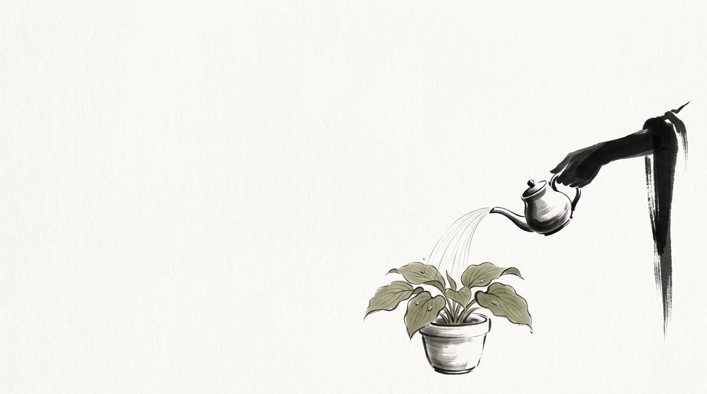 庭の草木に静かに水をやる手元。または机にスマホを伏せて置いた俯瞰のシルエット。一日の終わりに『ひとつ手を緩める』優しい所作を象徴。