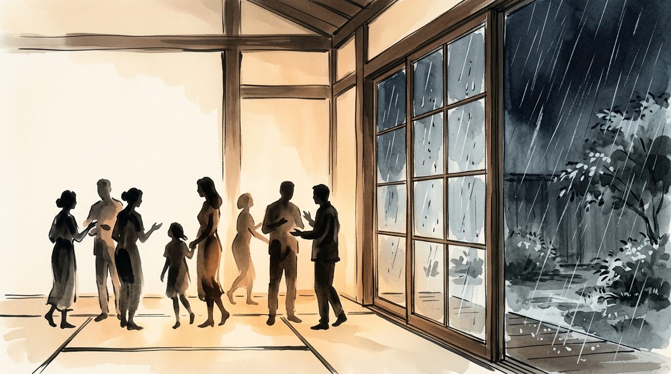 窓の外は土砂降り、室内はあたたかな声と笑顔で満ちている結婚式の一場面。外の雨と内のあたたかさの対比。人物の顔は描き込まず雰囲気で。