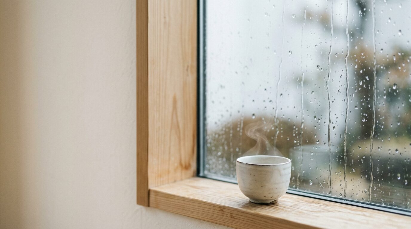 窓辺で雨音にそっと耳を澄ませる手元・湯のみ・窓を流れる雨粒。「十秒だけ感じてみる」静けさ。墨絵風・余白多め。