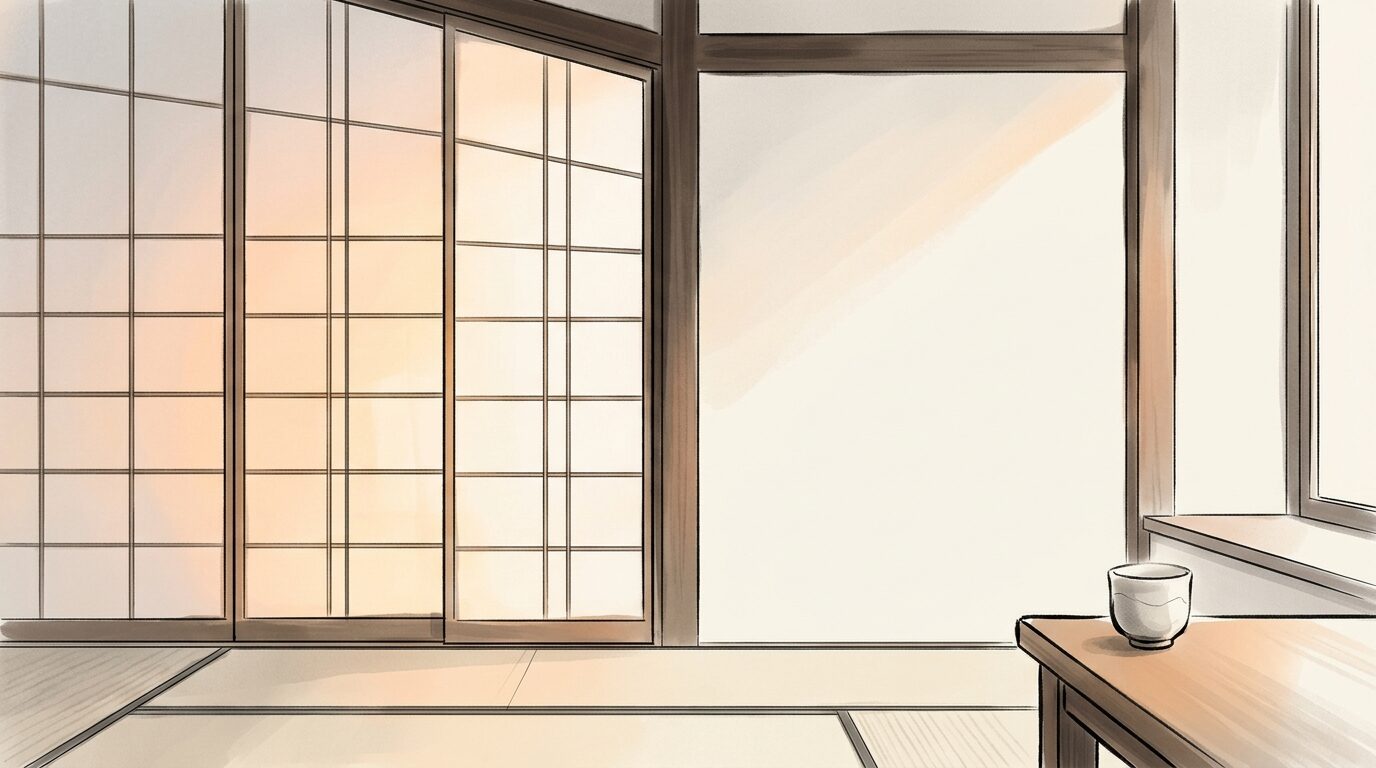 「親の老い・諸行無常」をやわらかく象徴する一枚。夕暮れの窓辺、静かな余白、家族のぬくもりを感じさせる墨絵風・水彩風。煽らず、穏やかで内省的なトーン。